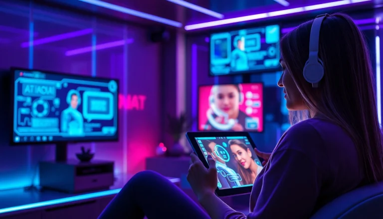 Engaging in ai sexchat with a futuristic AI character in a modern tech environment.