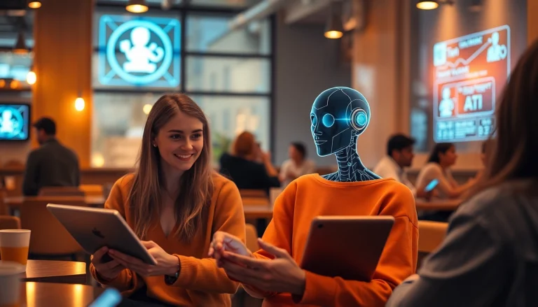 Engaging digital scene of users interacting with free ai sex chat chatbots in a modern café.