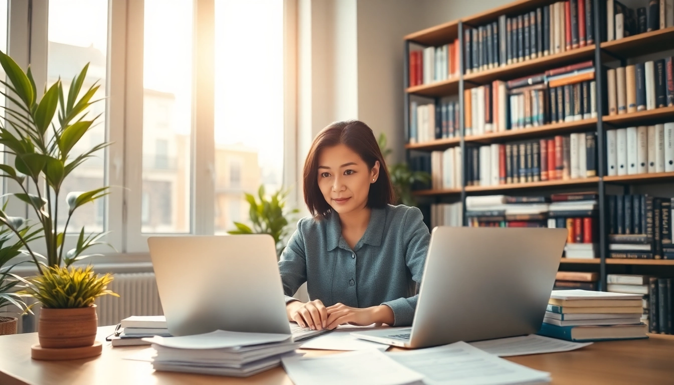 Traducteur assermenté à Paris travaillant dans un bureau moderne, concentré sur son ordinateur portable entouré de documents multilingues.