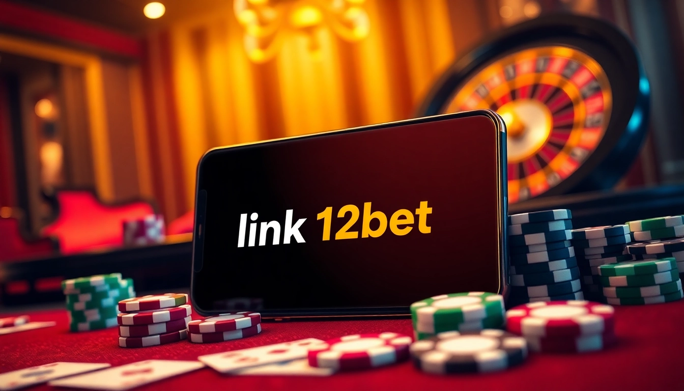 Engage with the latest link 12bet on a sleek smartphone within a luxurious casino ambiance, showcasing poker chips and cards.
