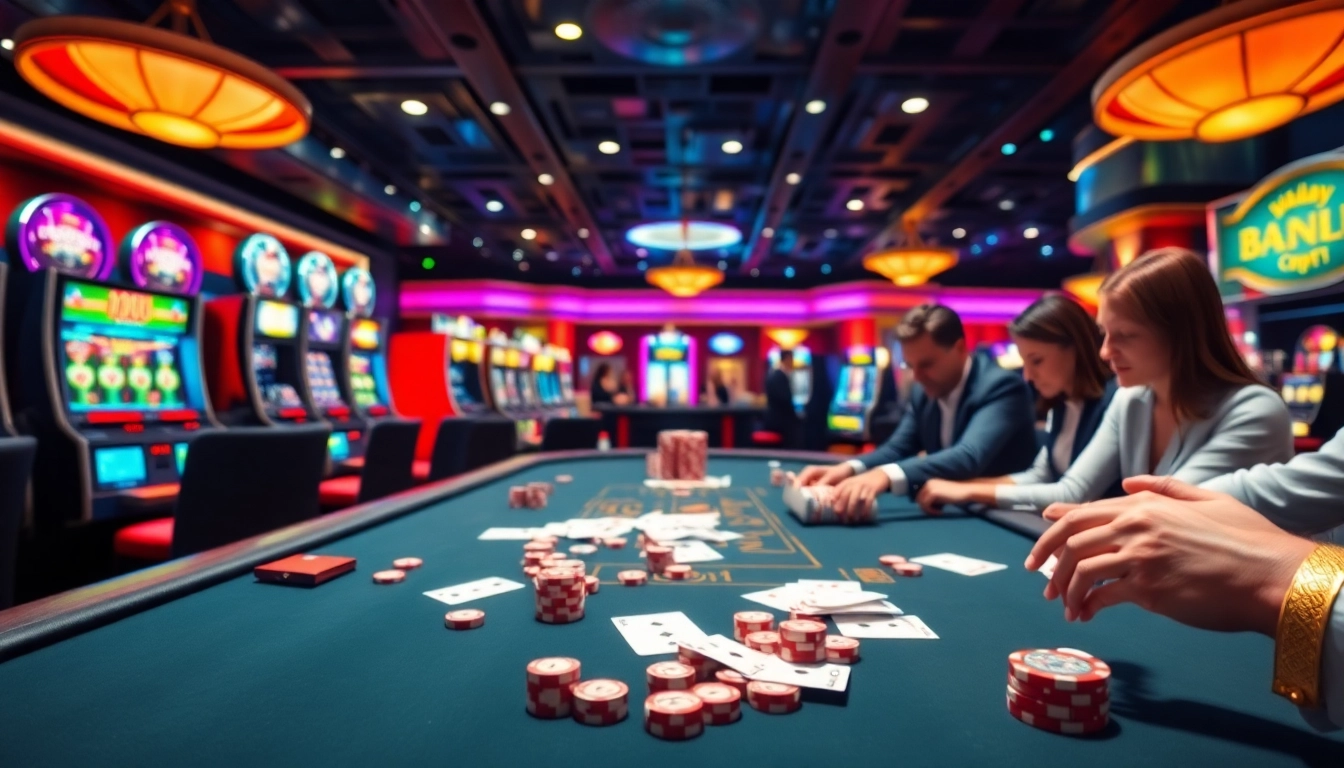 Gamblers winning at 88i casino table game while surrounded by vibrant slot machines.