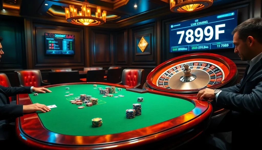 Players engage in a thrilling poker game at a luxurious casino representing 789F with vibrant chips and cards.