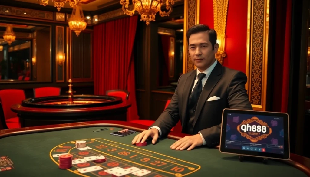 Experience excitement with qh88 at a luxurious baccarat table featuring professional dealers and vibrant casino elements.
