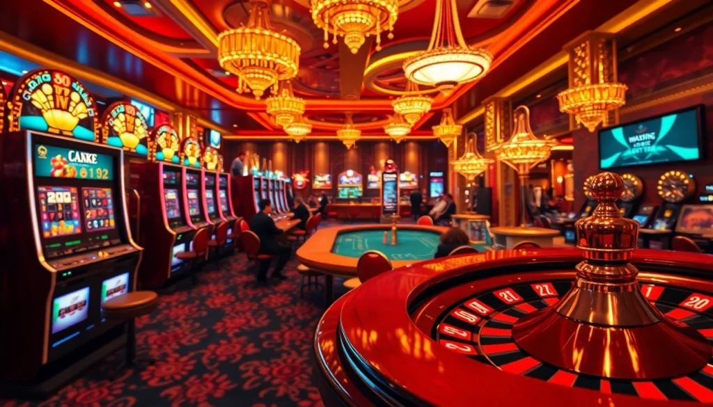 Scène de casino captivante présentant des machines à sous et du poker, représentant la liste de casinos crypto.