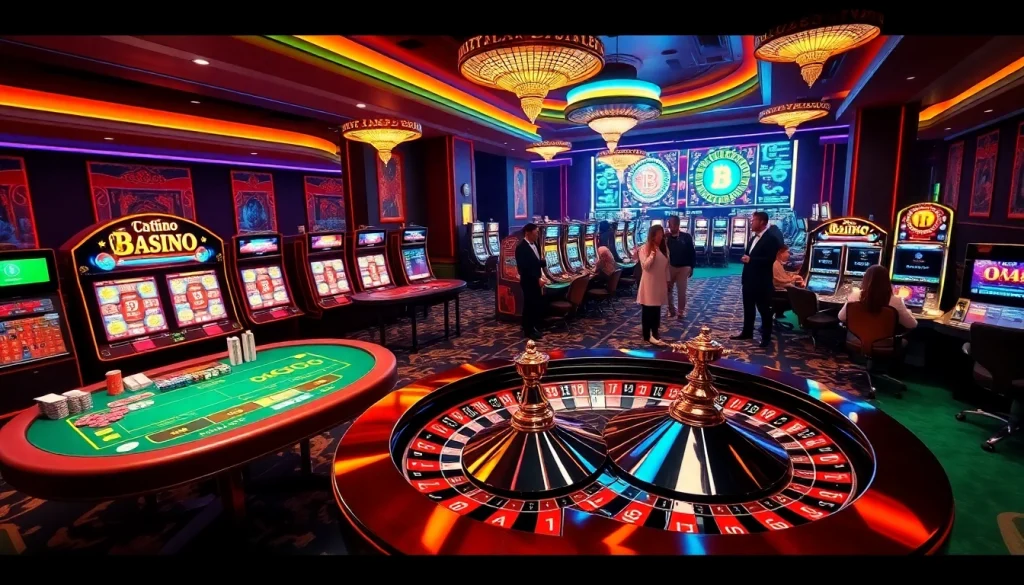Une expérience de jeu palpitante dans un casino en crypto luxueux, avec des machines à sous dynamiques et des joueurs énergiques.
