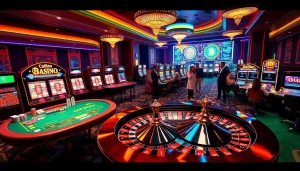 Une expérience de jeu palpitante dans un casino en crypto luxueux, avec des machines à sous dynamiques et des joueurs énergiques.