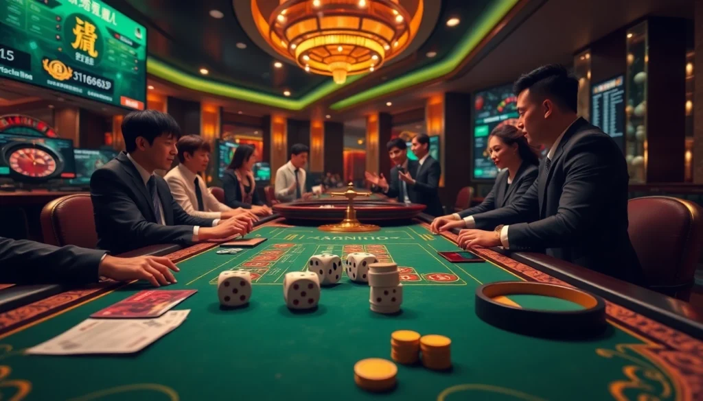 Tai Xiu online gaming table with vibrant dice, betting slips, and excited players in a luxurious casino setting.