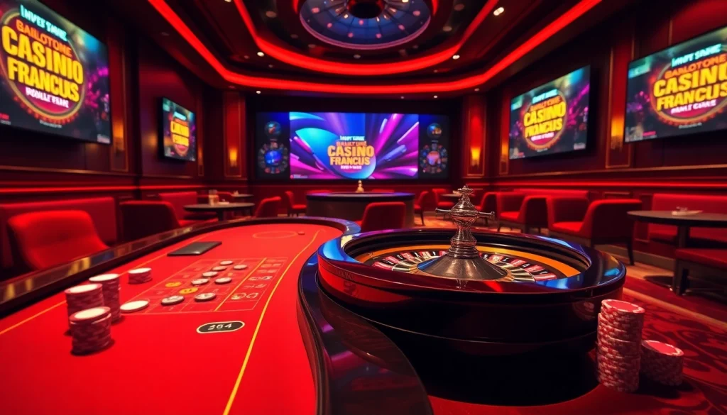 Engaging scene of a vibrant casino français bonus sans dépôt environment with roulette and poker elements.