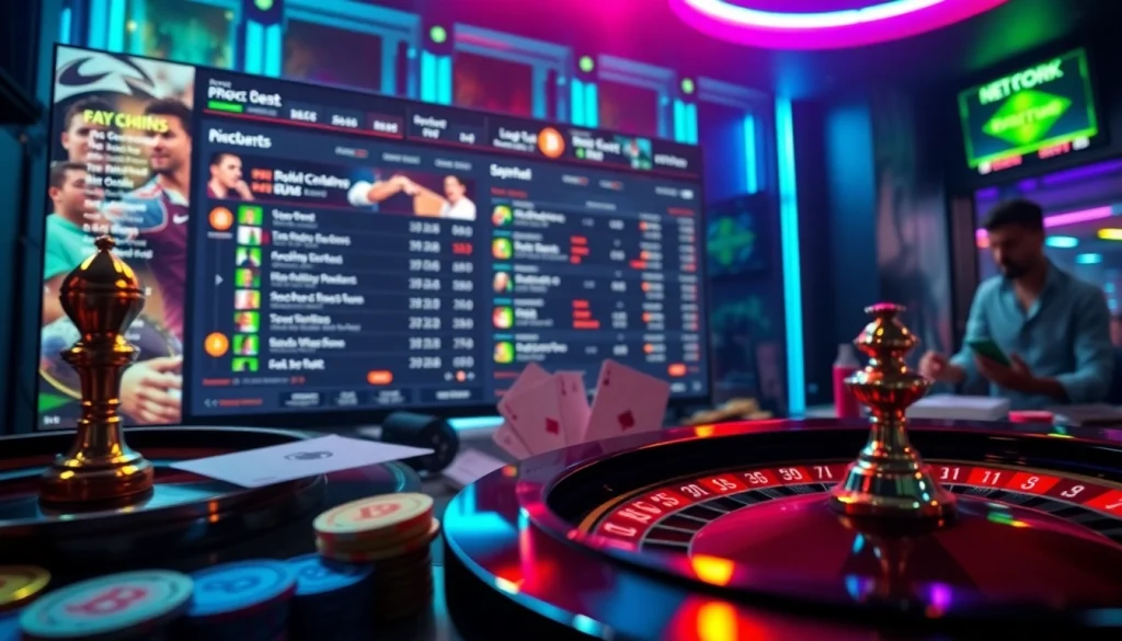 Engaging scene of pari sportif crypto betting with vibrant sportsbook interface and cryptocurrency elements.