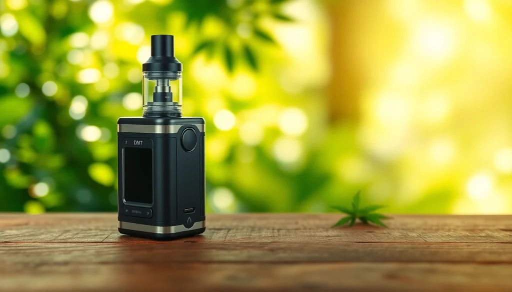 Buy dmt cart displayed beautifully on a wooden table with lush greenery, evoking calm.