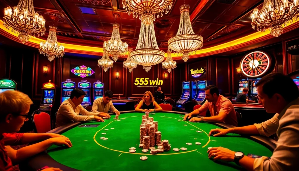 Players strategizing at a high-stakes poker table in a luxurious casino, showcasing the excitement of 555 win.