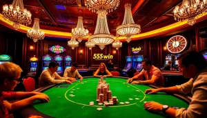 Players strategizing at a high-stakes poker table in a luxurious casino, showcasing the excitement of 555 win.