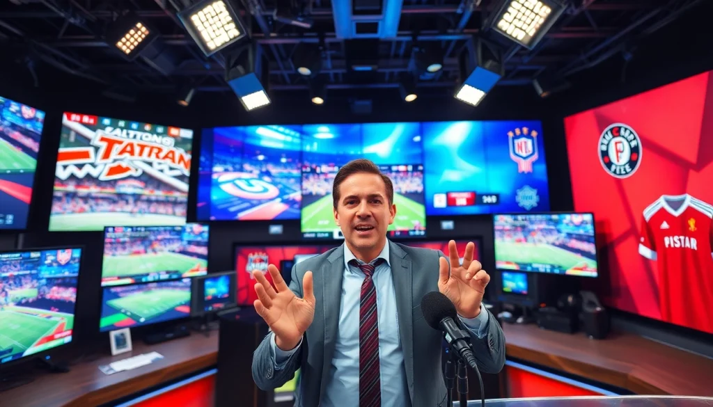 Sports Broadcasting studio featuring an energetic anchor and vibrant sports screens.