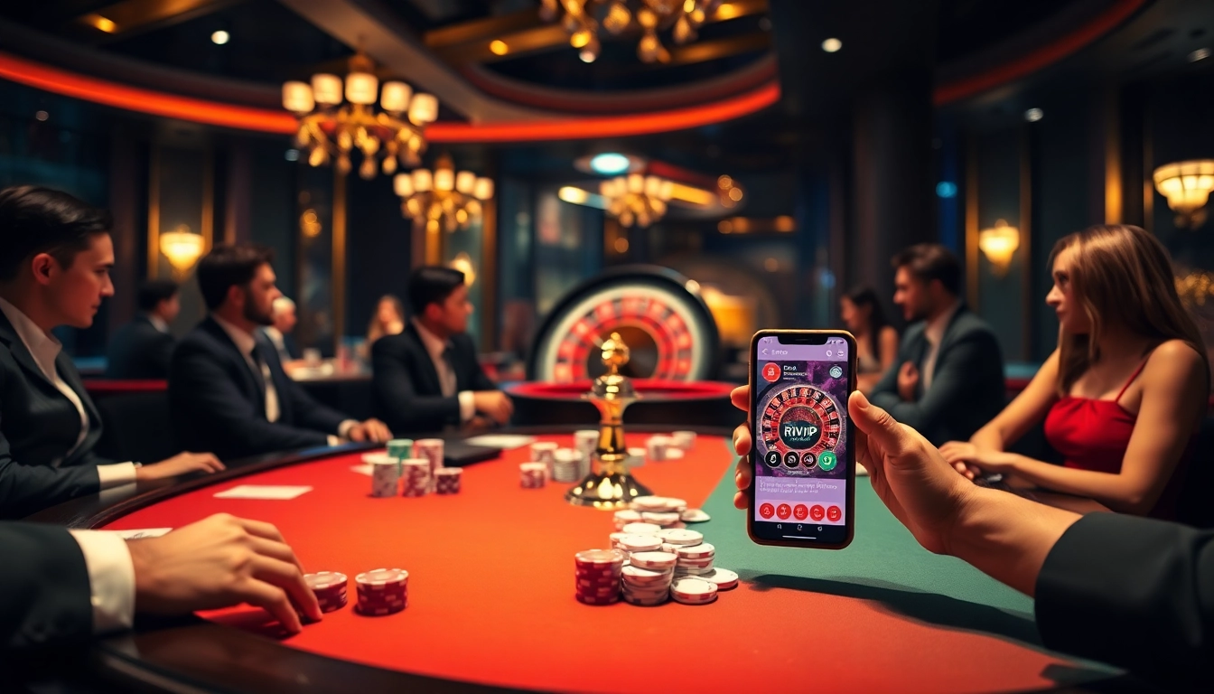 Engaging players enjoying the Rikvip online casino experience with vibrant poker chips, tables, and digital devices.
