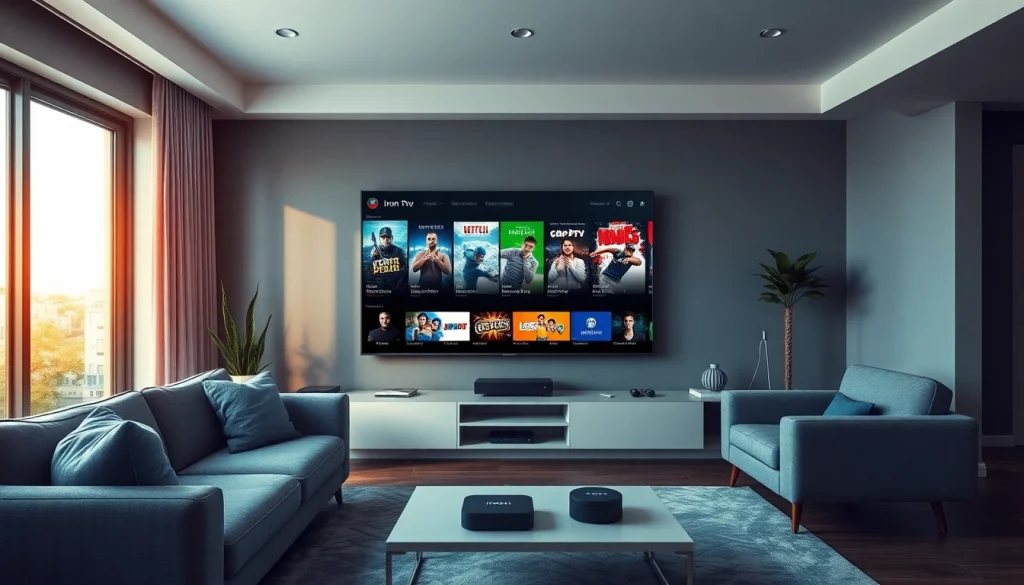 Iron tv pro showcased on a flat-screen TV in a modern living room environment.