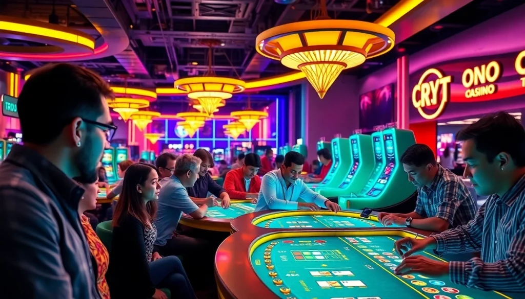 Joueurs excitants dans des crypto casinos animés, comprenant l'ambiance de paris modernes.