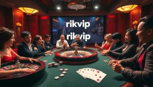 Experience the excitement of rikvip with vibrant poker chips and cards at a luxurious casino table.