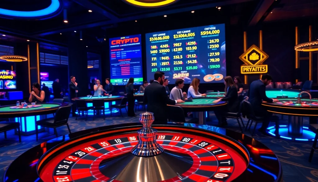 Les joueurs s'amusent dans un casino crypto, avec des lumières vives et une roulette.