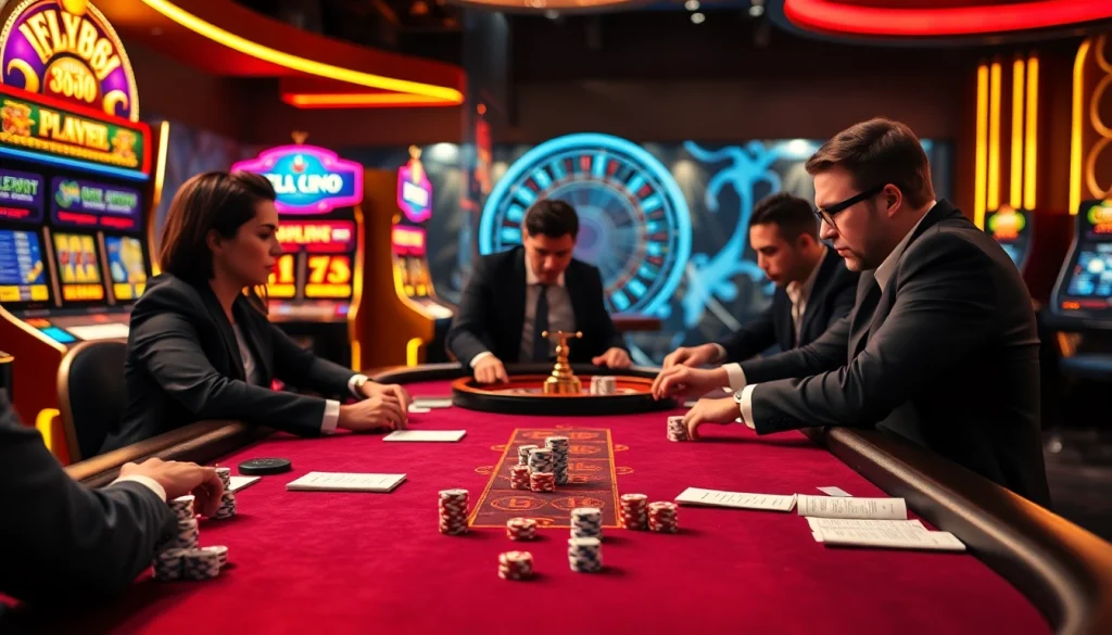 Experience a thrilling game at FLY88 casino with vibrant poker tables and exciting slot machines.