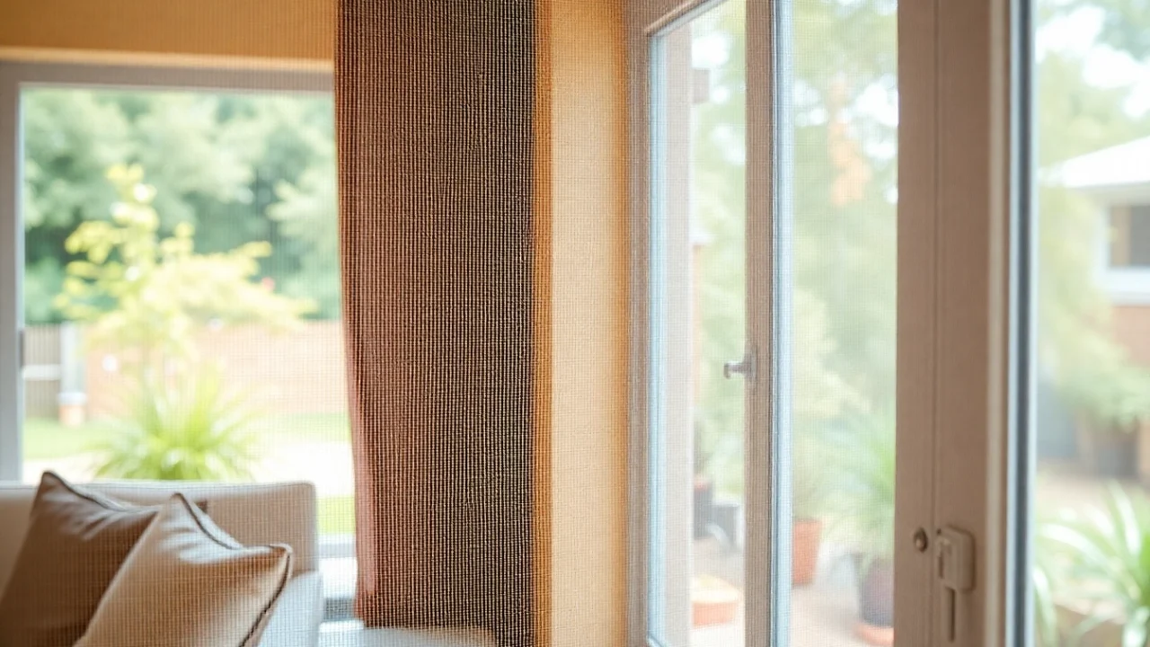 Moustiquaire fenetre sur mesure installée dans un salon moderne, offrant une protection contre les insectes.