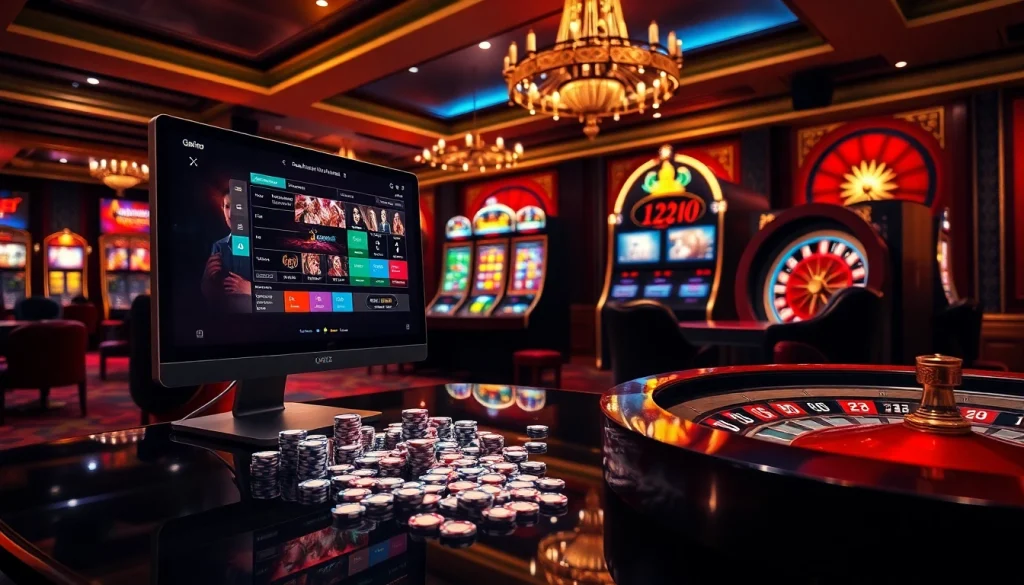 Experience the thrill of casino en ligne argent réel at a luxurious gaming table with vibrant slot machines.
