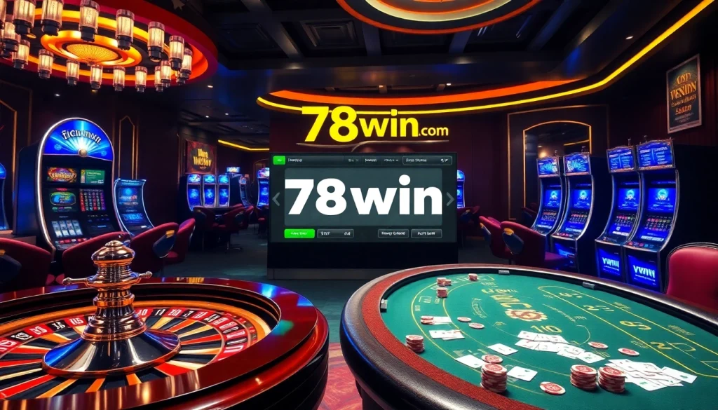 Engaging scene of gamblers at 78win Com casino tables with vibrant games and promotions.