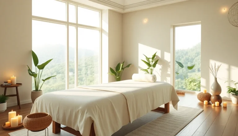 동탄출장마사지용 편안한 스파 인테리어로 마사지 테이블, 식물, 차분한 장식이 특징입니다.