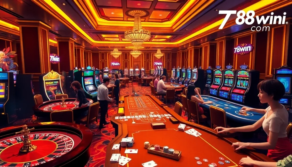A dynamic gambling scene representing the excitement of play at 78win Com, featuring various casino games like roulette and poker.