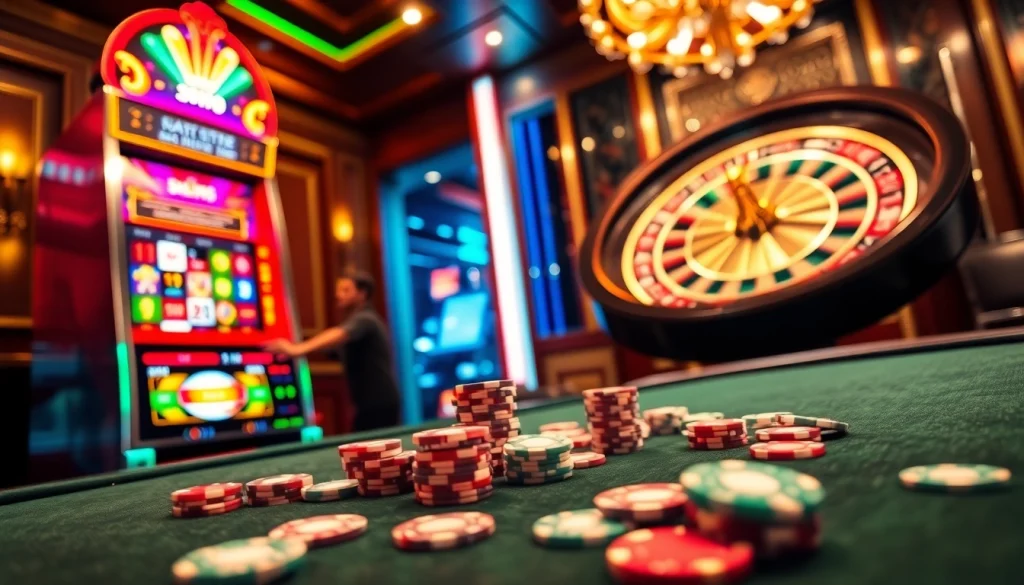 Exciting moment at a casino en ligne argent réel with vibrant spinning slot machine and roulette wheel.