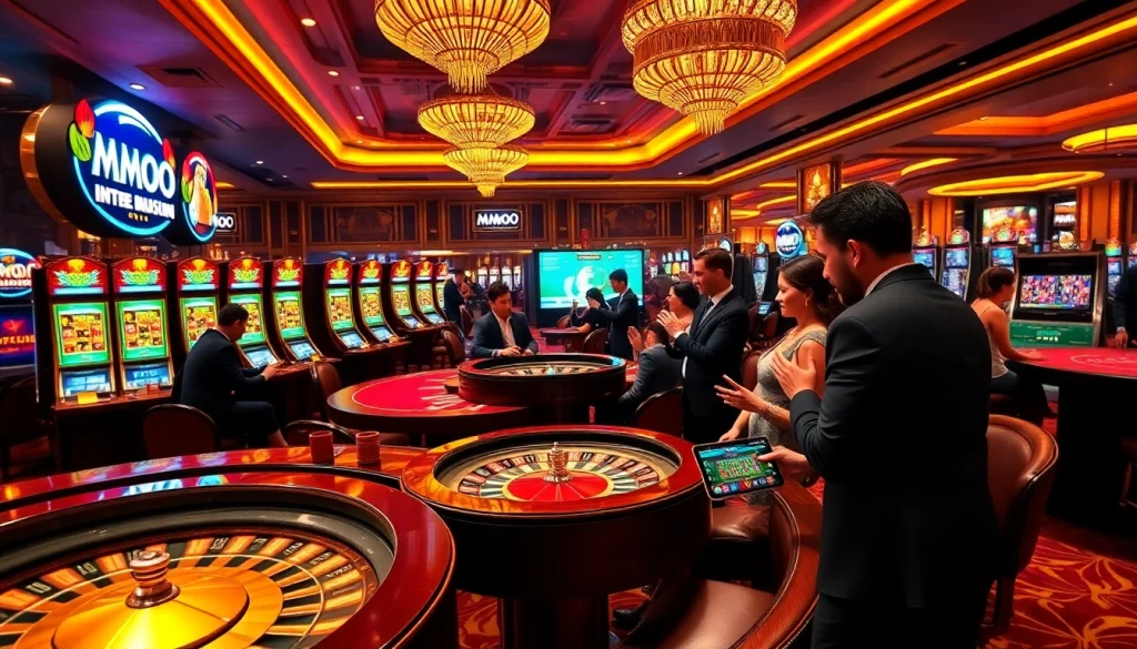 MMOO players celebrating a win at a vibrant casino table.