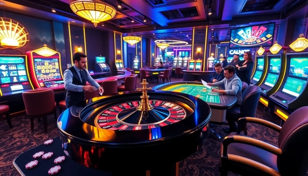 Nouveau casino en ligne france featuring vibrant roulette tables, engaged poker players, and dynamic slot machines.