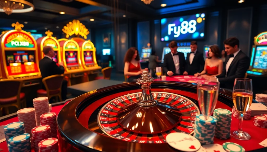 Experience the thrill of casino gaming with Fly88 at a luxurious roulette table surrounded by excitement.