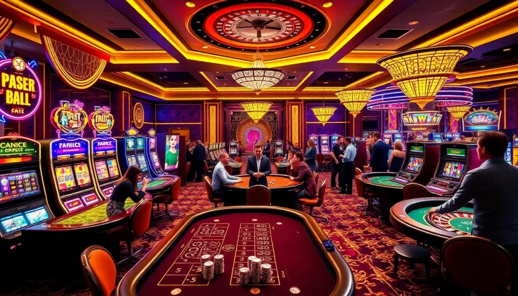 Exciting scene at a casino en ligne argent réel with players engaging at tables and colorful slot machines.