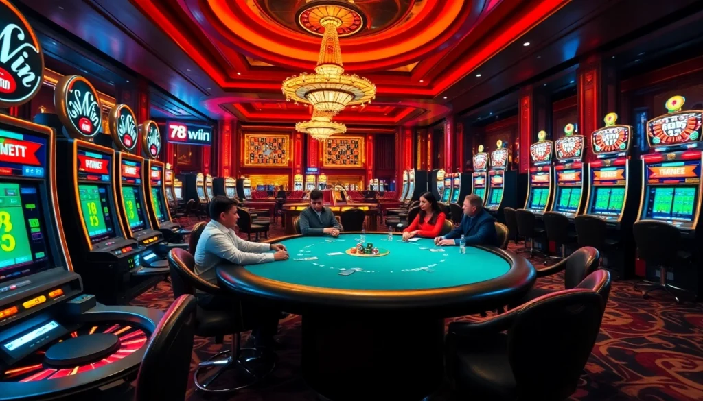 Experience the thrill of betting at 78win Com with a vibrant casino scene showcasing poker and roulette.