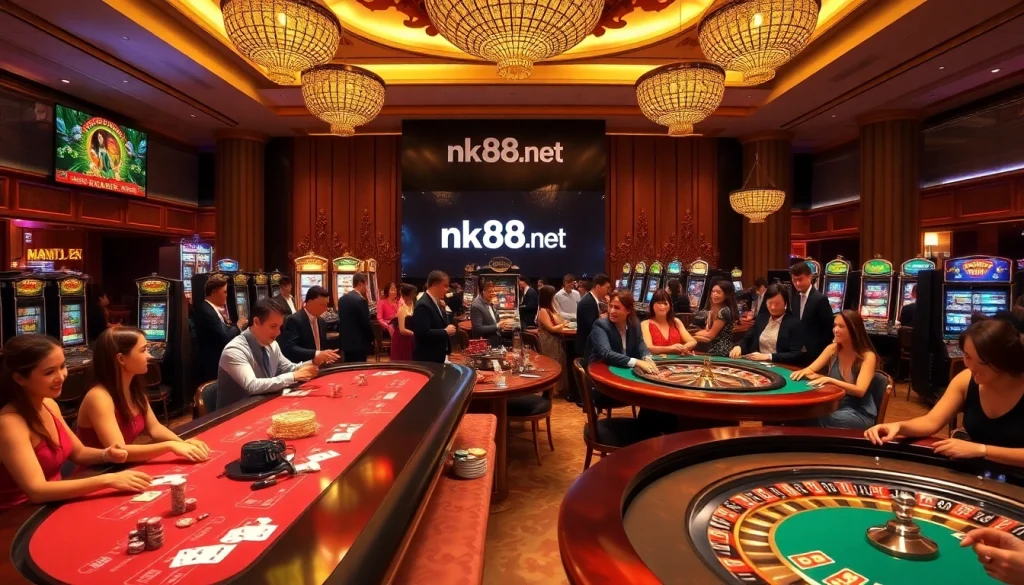 Players enjoying their time at nk88 net, surrounded by luxurious casino tables and vibrant slot machines.