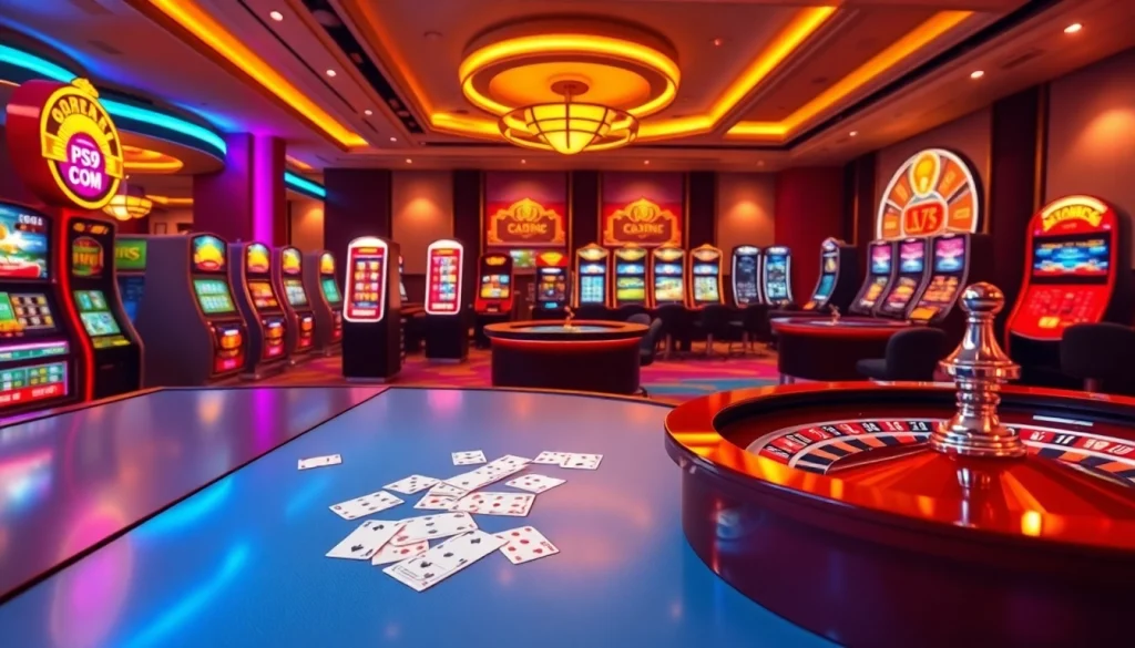 Experience the thrill of online gambling with PS99 COM, featuring vibrant slot machines and elegant casino tables.